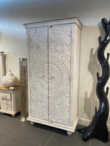 Hand-Carved Whitewashed Mango Wood Wardrobe | Two-Door Artisan Storage