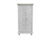 Hand-Carved Whitewashed Mango Wood Wardrobe | Two-Door Artisan Storage