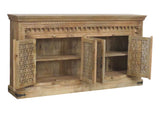 ANNAPURNA Antique Hand-Carved 4-Door Mango Wood Sideboard | Natural