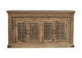 ANNAPURNA Antique Hand-Carved 4-Door Mango Wood Sideboard handcrafted from premium solid mango wood, featuring intricate lattice-pattern carved doors, a natural finish, spacious cabinet storage, and timeless artisan craftsmanship.