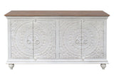 Antique Hand-Carved 4-Door Mango Wood Sideboard handcrafted from premium solid mango wood, featuring intricate hand-carved doors, a distressed white finish, spacious cabinet storage, and timeless artisan craftsmanship.