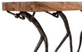 Close-up of the sculptural black metal figures supporting the Atlas console tabletop