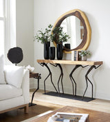 Atlas Chamcha wood and black metal console table displayed in a contemporary living room