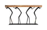 Atlas console table featuring a solid natural wood top supported by sculptural black metal figures