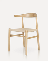 Modern solid ash wood dining chair with a handwoven paper rope seat and natural wood finish for hotels, Airbnb properties, furnished apartments, restaurants, cafés, and contemporary dining spaces.