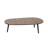 Modern black Joen high coffee table featuring a rounded triangular MDF tabletop and solid beech wood legs for hotels, Airbnb properties, furnished apartments, and contemporary living rooms.