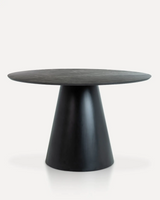 Modern round marble veneer dining table with a black pedestal base, designed for hotels, Airbnb properties, furnished apartments, corporate housing, and contemporary dining spaces.