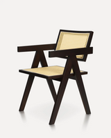 Minimalist solid ash wood dining chair with a woven rattan backrest and breathable rattan seat for hotels, Airbnb properties, furnished apartments, restaurants, cafés, and modern dining spaces.