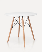 Modern Nordic round dining table with a white MDF tabletop, solid beech wood legs, and black metal support frame for hotels, Airbnb properties, furnished apartments, cafés, and contemporary dining spaces.