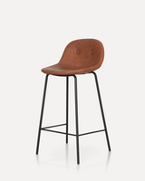 Modern Ora leather bar stool with a cushioned fabric or leather seat, button-tufted backrest, and black metal legs for kitchen islands, hotels, Airbnb properties, furnished apartments, cafés, and contemporary dining spaces.