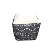 Boho ethnic jacquard embroidered pouf with decorative detailing for hotels, Airbnb properties, furnished apartments, living rooms, and contemporary interiors.
