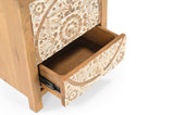 Side view of the Goa solid mango wood three-drawer nightstand