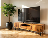Loft Solid Rosewood TV Cabinet crafted from solid Rosewood, featuring a spacious tabletop, media storage compartments, sturdy construction, and a rich natural wood finish.