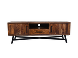 Loft Solid Rosewood TV Stand crafted from solid Rosewood, featuring two cabinet doors, a central storage drawer, an open media shelf, a black steel X-frame base, and a rich brown finish.