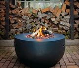 Modern matte black steel outdoor fire pit for patios, gardens, hotels, Airbnb properties, resorts, and contemporary outdoor living spaces.