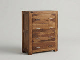 Solid Sheesham wood 4-drawer chest with natural grain and silver handles.