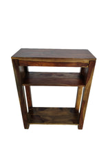Natural wood console table with two drawers and a lower shelf for entryways, hotels, Airbnb properties, furnished apartments, and contemporary interiors.