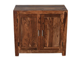 Zen 2-Door Sideboard crafted from solid Sheesham wood, featuring two cabinet doors, sleek metal handles, and a rich brown finish.