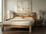 Zen Solid Sheesham Wood Platform Bed featuring a slatted base, matching headboard, and a natural finish.