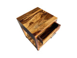 ZEN Solid Wood Nightstand crafted from solid Sheesham wood, featuring a spacious drawer, open storage shelf, dark metal pull handle, and a rich natural finish.