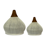 White bell-shaped rattan lamp shade with teak root accents available in two sizes for hotels, Airbnb properties, furnished apartments, and contemporary interiors.