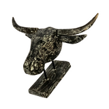 Handcrafted teak root buffalo sculpture with a Black Bakar finish for hotels, Airbnb properties, furnished apartments, offices, and contemporary organic interiors.
