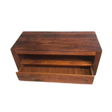 Solid wood TV cabinet with an open shelf and storage drawer for hotels, Airbnb properties, furnished apartments, living rooms, and contemporary interiors.