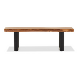 Solid mango wood live edge bench with black iron legs for indoor and outdoor use in hotels, Airbnb properties, furnished apartments, patios, gardens, and contemporary dining spaces.