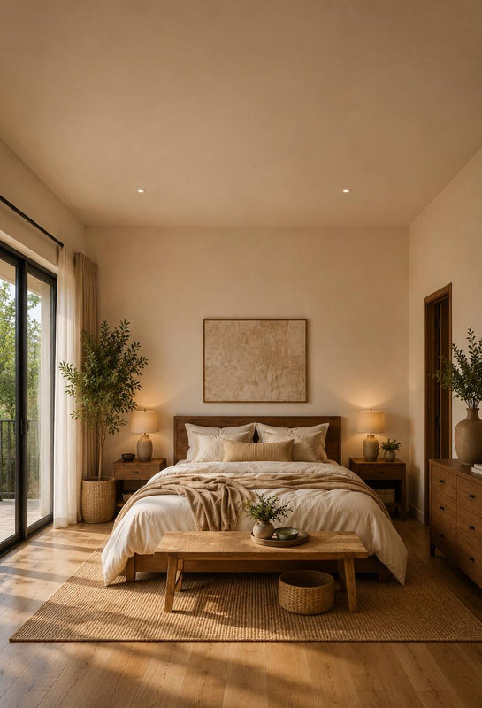 Cozy bedroom with wooden furniture, neutral tones, and natural light.