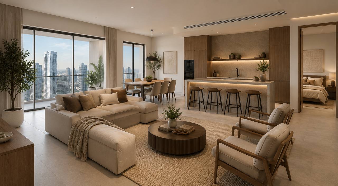 Modern living room with a view of city skyline through large windows.
