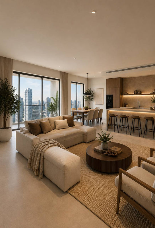 Modern living room with contemporary furniture and warm neutral décor