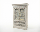 Antique Hand-Carved Reclaimed Wood 2-Door Cabinet handcrafted from reclaimed solid wood, featuring intricate hand-carved panel doors, a distressed light finish with subtle blue-green patina, spacious interior storage, and timeless artisan craftsmanship.