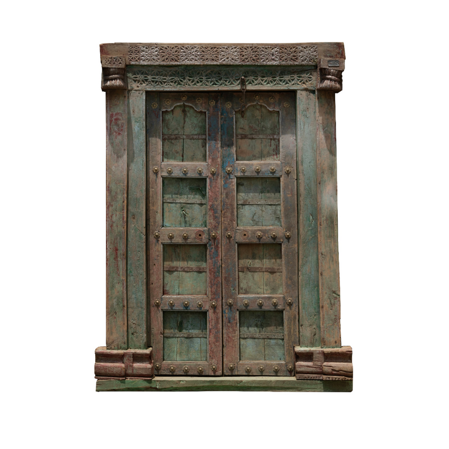 Antique reclaimed solid wood decorative door with a rustic vintage finish for hotels, Airbnb properties, furnished apartments, restaurants, and contemporary interiors.