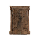 Antique reclaimed wood double door with rustic brown finish and original metal details