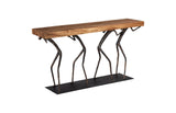 Atlas sculptural console table with a natural Chamcha wood top and black metal figure base