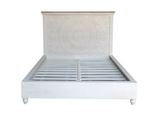 Casa whitewashed mango wood bed with hand-carved Mandala headboard