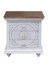 Casa hand-carved mango wood three-drawer nightstand front view