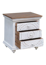 Hand-carved drawer detail on Casa solid mango wood nightstand