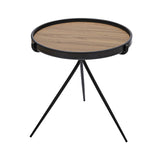 Modern Angle side table featuring a round natural woodgrain MDF tabletop with a matte black metal tripod frame for hotels, Airbnb properties, furnished apartments, and contemporary living spaces.