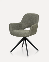 Modern organic dining chair with integrated armrests, soft fabric upholstery, and black metal legs for hotels, Airbnb properties, furnished apartments, restaurants, cafés, and contemporary dining spaces.