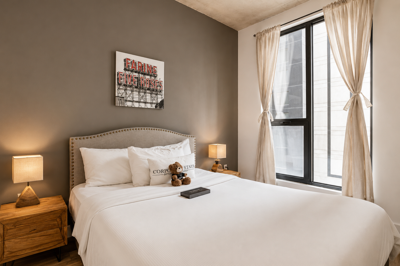 Complete turnkey furniture package for a 1-bedroom apartment featuring premium furniture, a luxury bedroom, fully equipped kitchen, smart home technology, and professional installation for Airbnb, corporate housing, and long-term rentals.