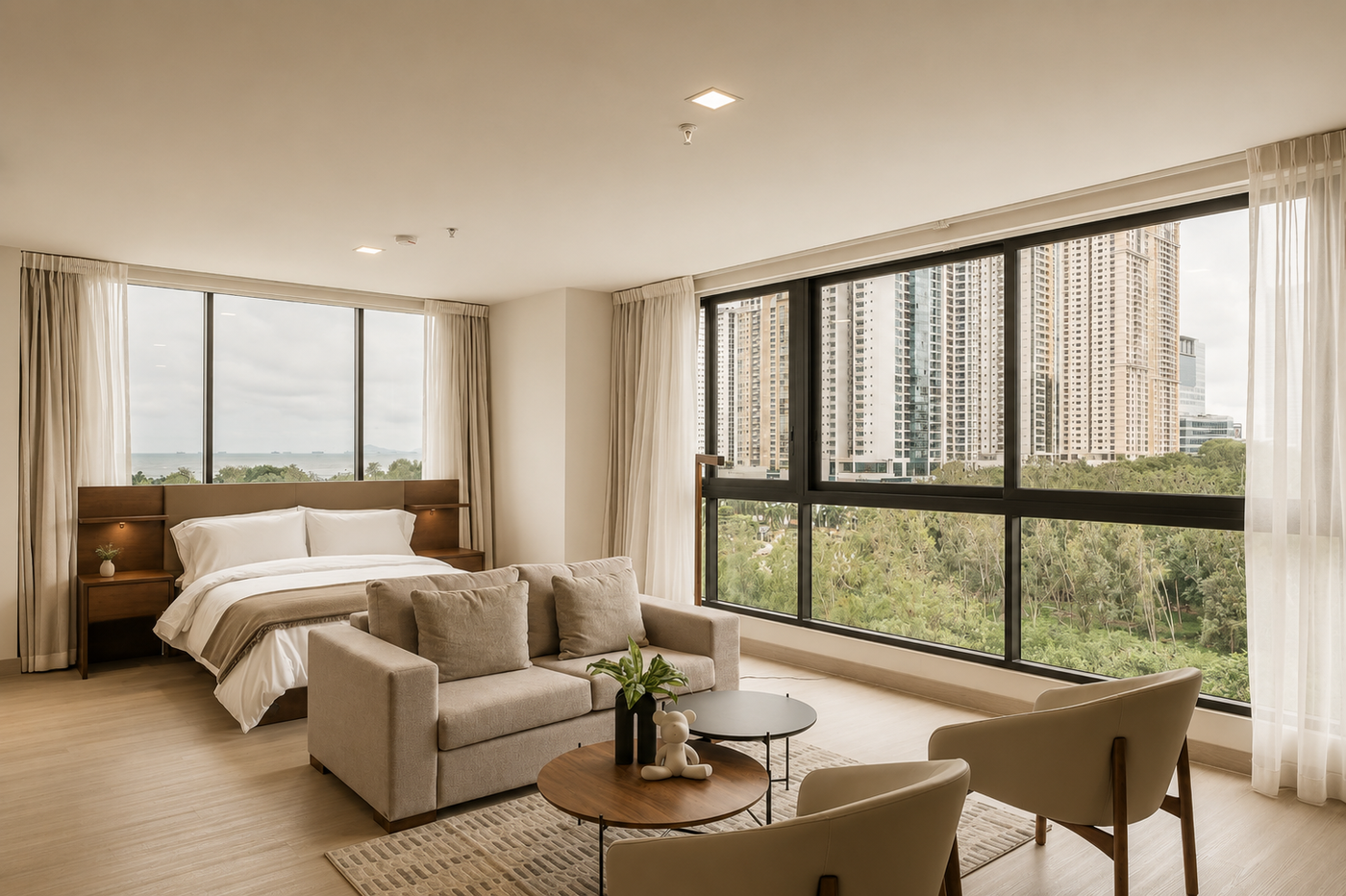 Complete turnkey furniture package for a studio apartment featuring premium furniture, a queen bed, fully equipped kitchen, smart TV, modern décor, and professional installation for Airbnb, Corporate Stays, and furnished rentals.