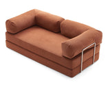Brown frameless convertible sofa bed with fabric upholstery, stainless steel support, and high-density foam, available in multiple sizes for hotels, Airbnb properties, furnished apartments, and modern living spaces.