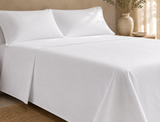 White single flat sheet measuring 190 × 280 cm for hotels, Airbnb properties, furnished apartments, vacation rentals, and luxury bedrooms.