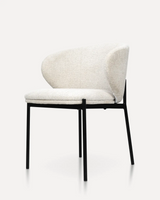 Modern white padded upholstered dining chair with premium fabric seating and black powder-coated metal legs for hotels, Airbnb properties, furnished apartments, restaurants, cafés, and contemporary dining spaces.