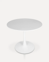 Modern white round dining table with a smooth MDF tabletop and black powder-coated metal legs for hotels, Airbnb properties, furnished apartments, cafés, and contemporary dining spaces.