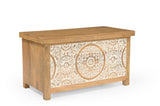 Angled view of the Goa solid mango wood storage chest