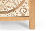 White patina carved detail on the Goa mango wood nightstand