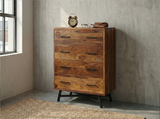 Loft 4-Drawer Dresser crafted from solid Indian Rosewood, featuring four spacious storage drawers, dark metal handles, sturdy black steel legs, and a warm medium brown finish.