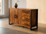 Loft Sideboard with 2 Doors & 3 Drawers crafted from solid Sheesham wood, featuring two cabinet doors, three spacious drawers, a black metal frame, and a warm walnut finish.